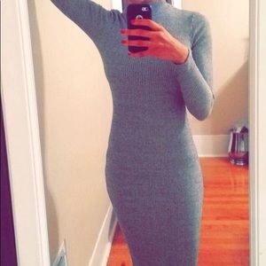 Mock Neck Ribbed Body Con Midi Dress